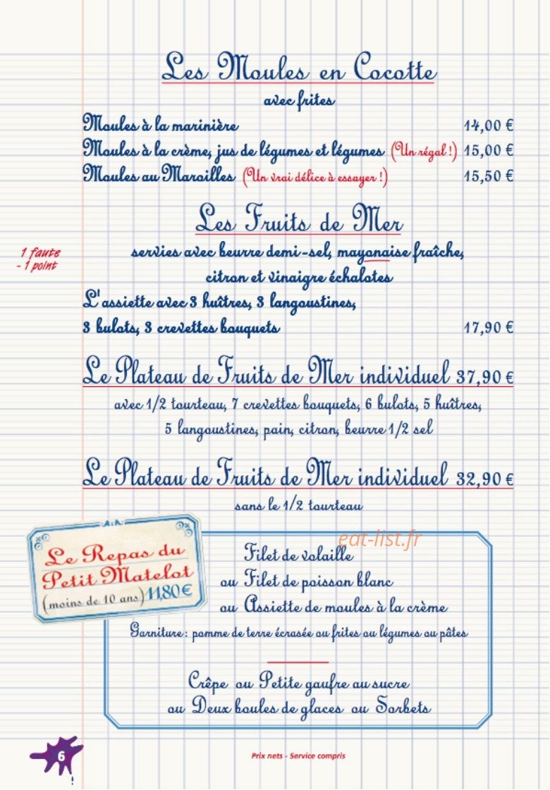 Carte et menu de La Petite Charlotte à Le Touquet Paris Plage — Moulles en cocotte, fruits de mer, plateaux...