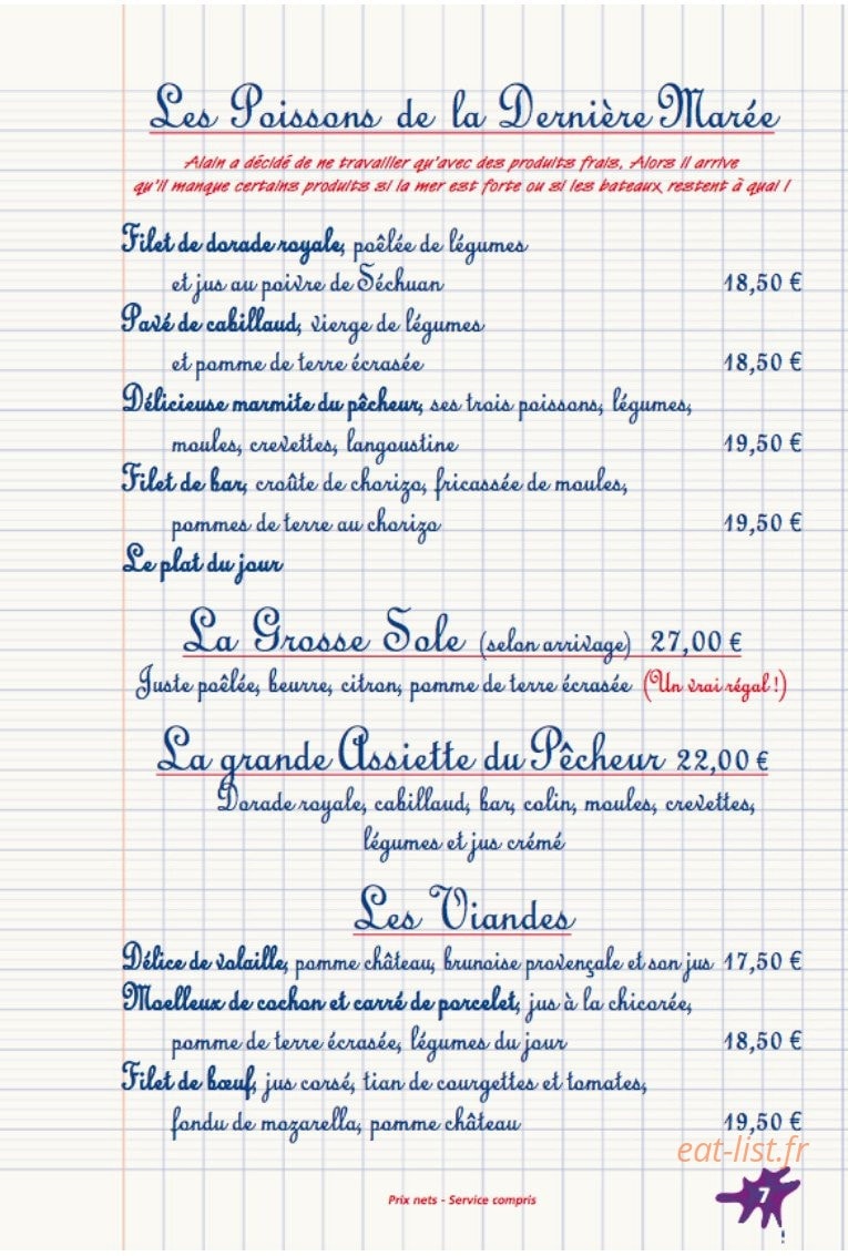 Carte et menu de La Petite Charlotte à Le Touquet Paris Plage — Poissons, assiettes, viandes...