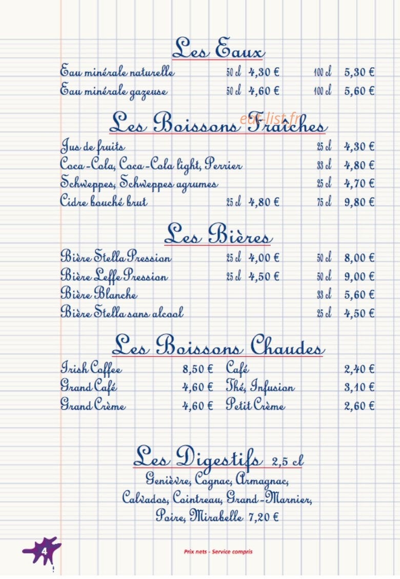 Carte et menu de La Petite Charlotte à Le Touquet Paris Plage — Eaux, boissons, digestifs