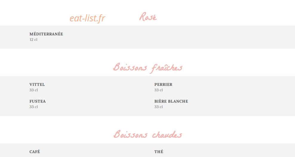 Carte et menu de Le Bar à Huîtres à Le Touquet Paris Plage — Les vins rosés, boissons fraîches et boissons chaudes