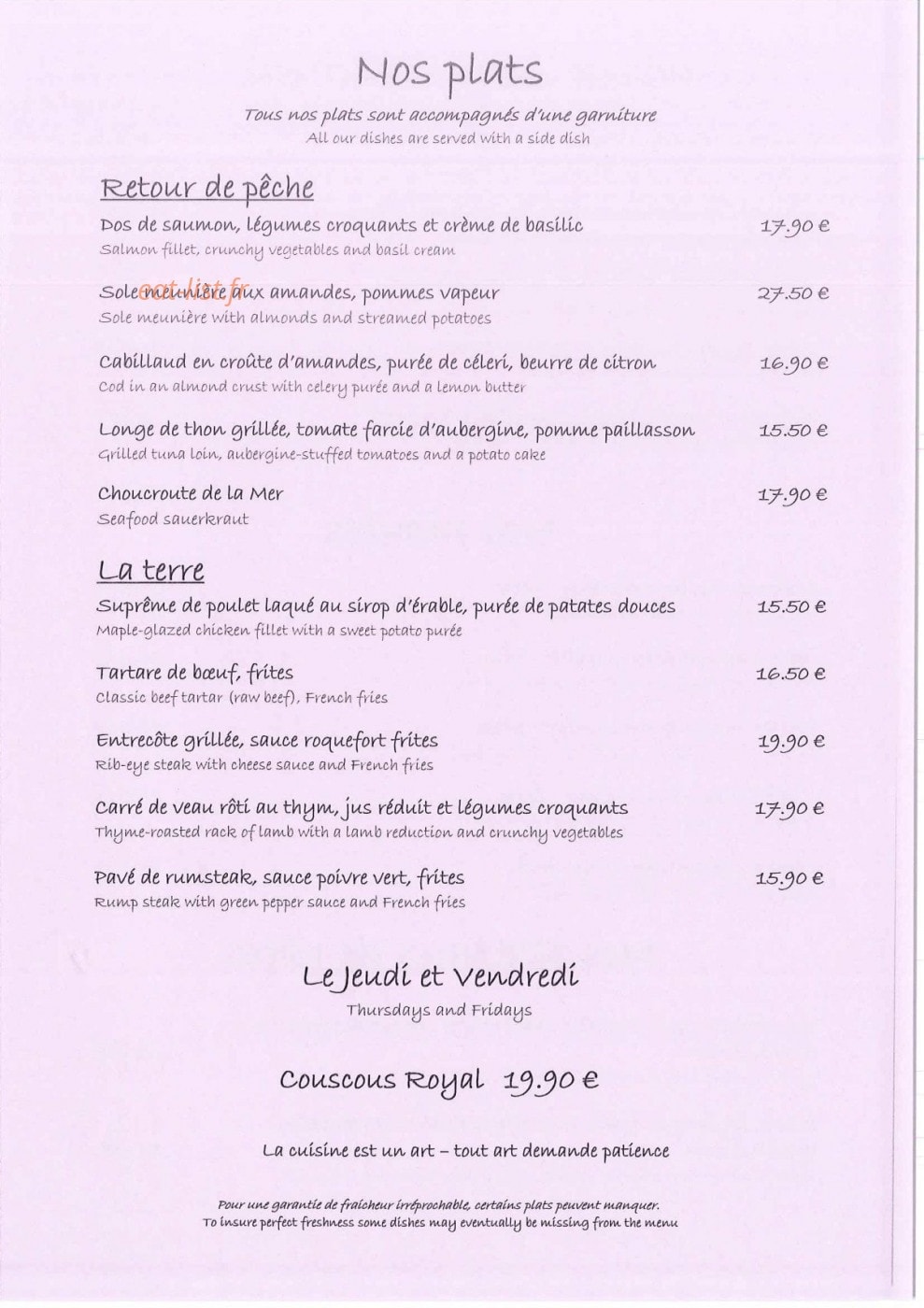 Carte et menu de Le Grill à Le Touquet Paris Plage — Plats