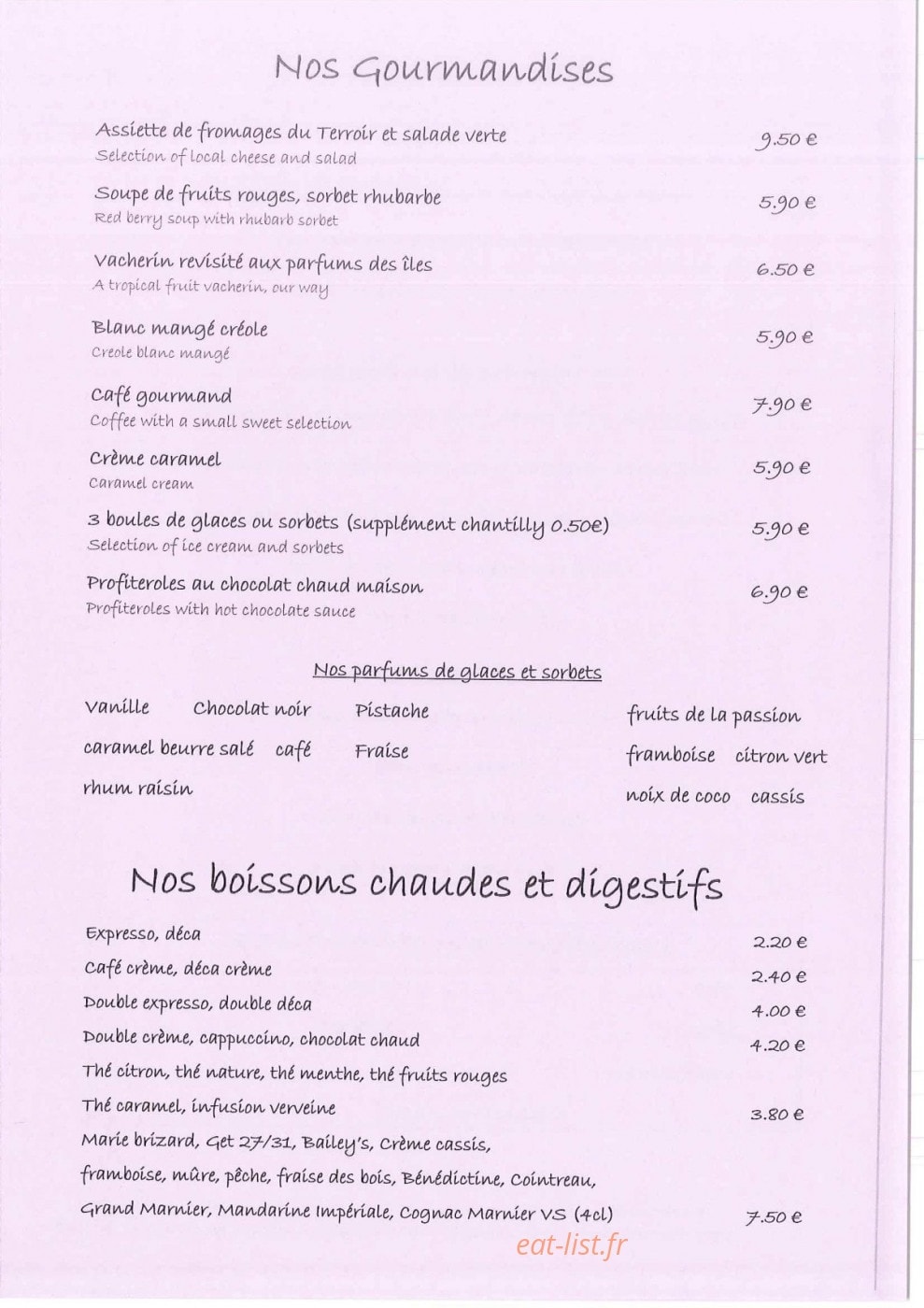 Carte et menu de Le Grill à Le Touquet Paris Plage — Gourmandises, boissons chaudes et apéritifs