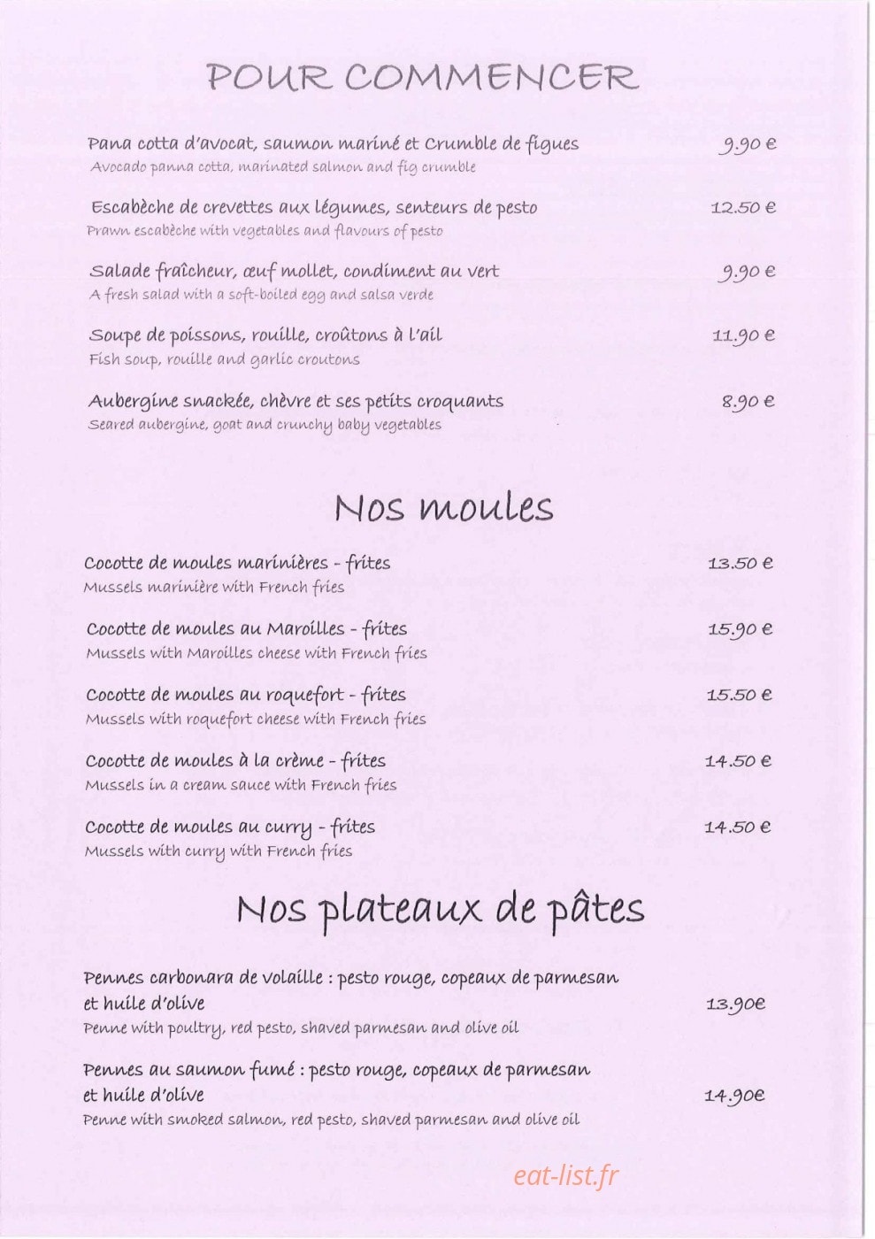 Carte et menu de Le Grill à Le Touquet Paris Plage — Pour commencer, moules et plateaux de pâtes