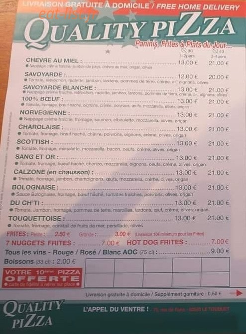 Quality Pizza — carte page 1