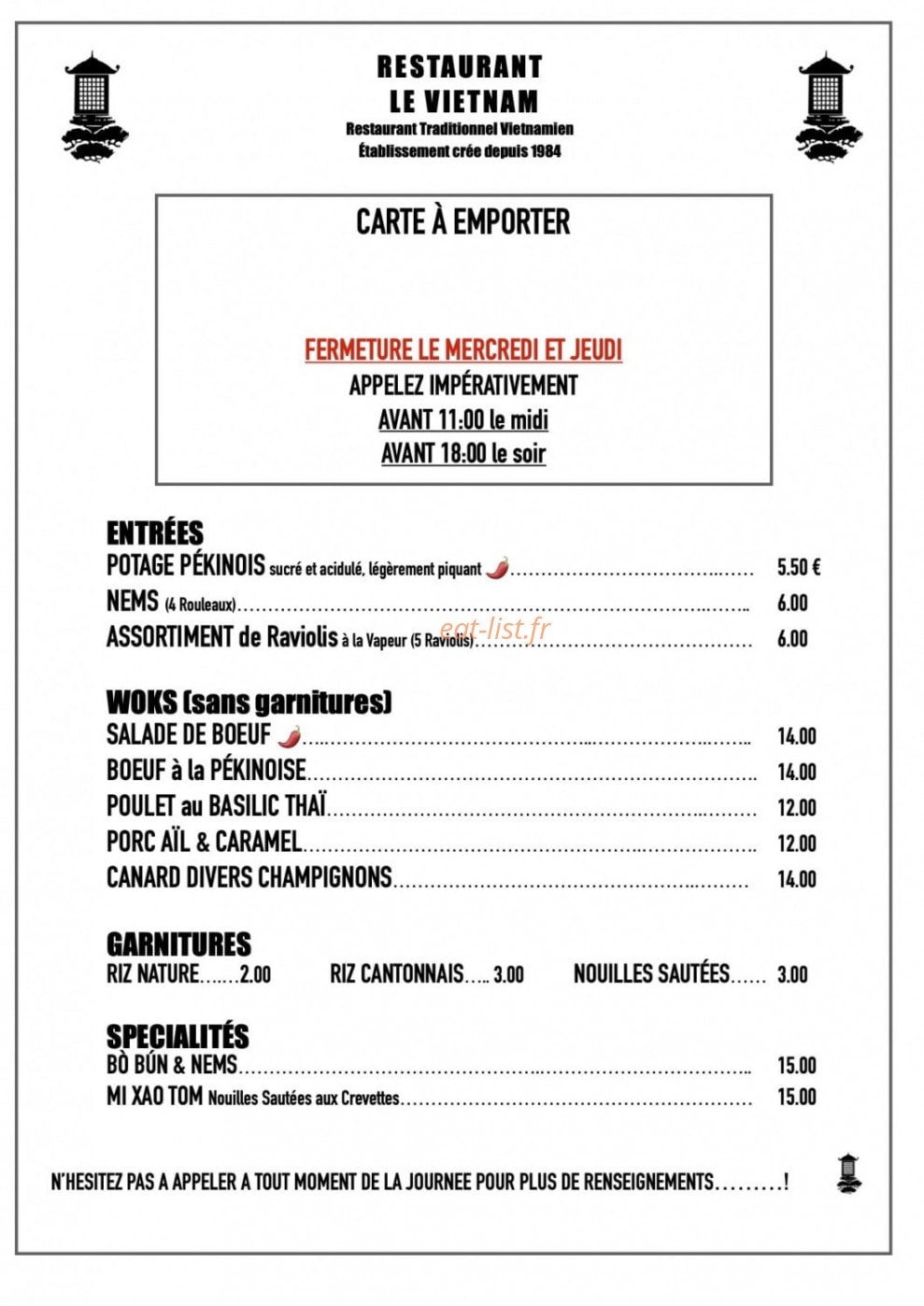 Carte et menu de Restaurant le Vietnam à Le Touquet Paris Plage — Carte à emporter