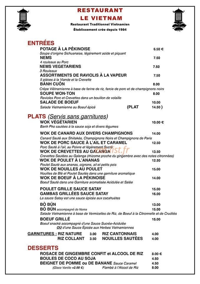 Carte et menu de Restaurant le Vietnam à Le Touquet Paris Plage — Les entrées, plat et desserts
