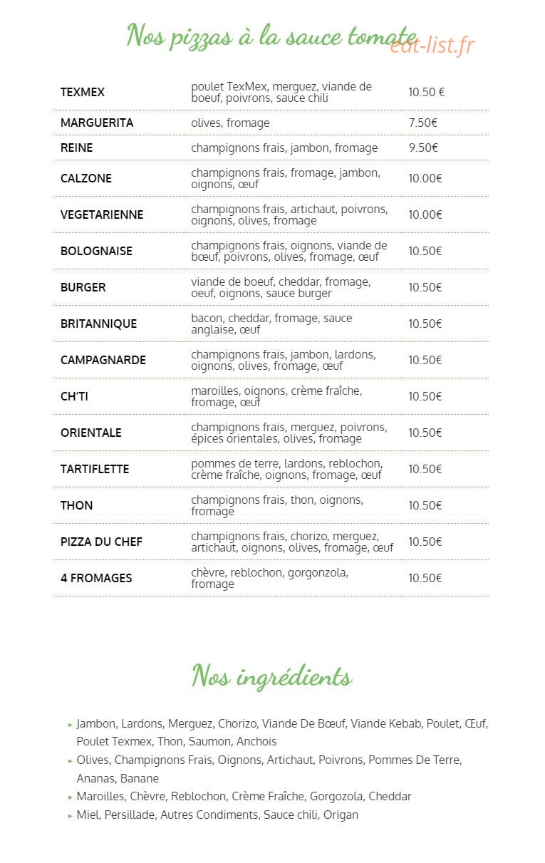 Le Coin des Pizzas — carte page 1