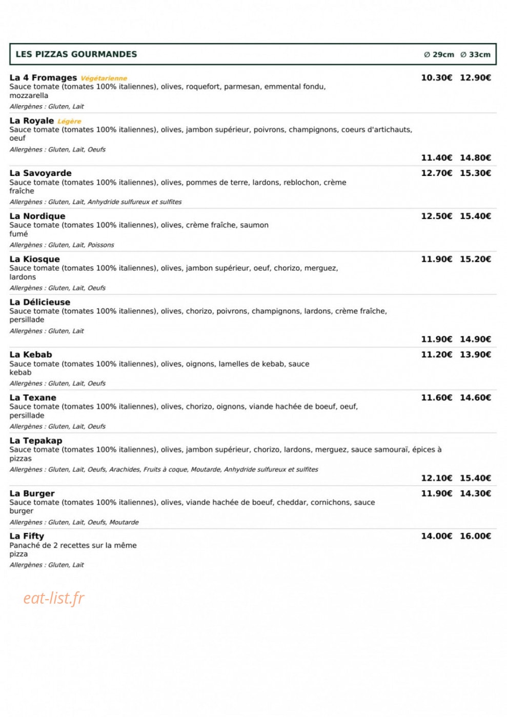 Le Kiosque à Pizzas — carte page 1