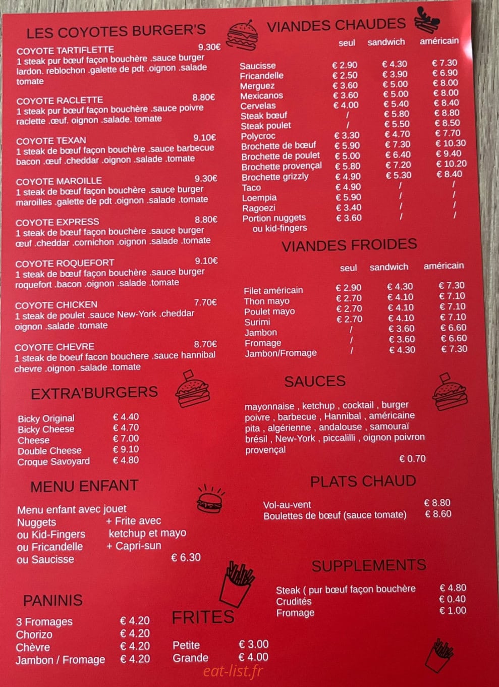 Au Coyote Burger — carte page 1