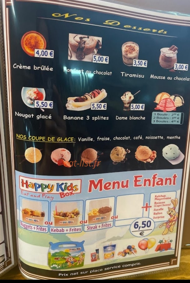 Carte et menu de Grill pas en Artois à Pas en Artois — Les desserts et menus enfants