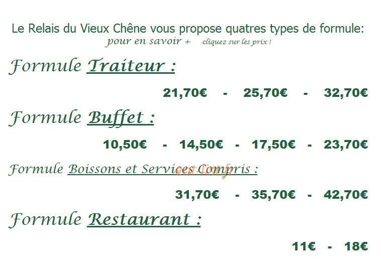 Carte et menu de Au Relais du Vieux Chêne à Blangy sur Ternoise — Les formules