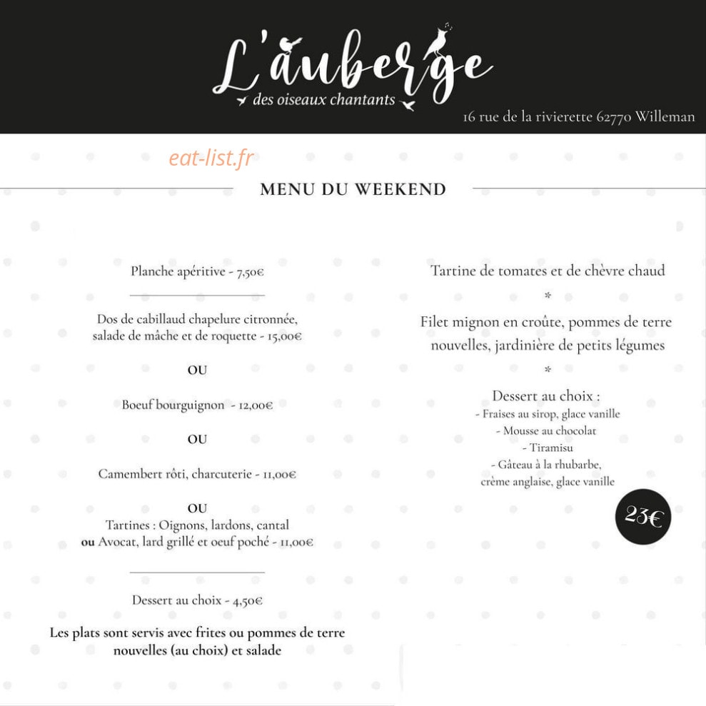L'Auberge des Oiseaux Chantants — carte page 1