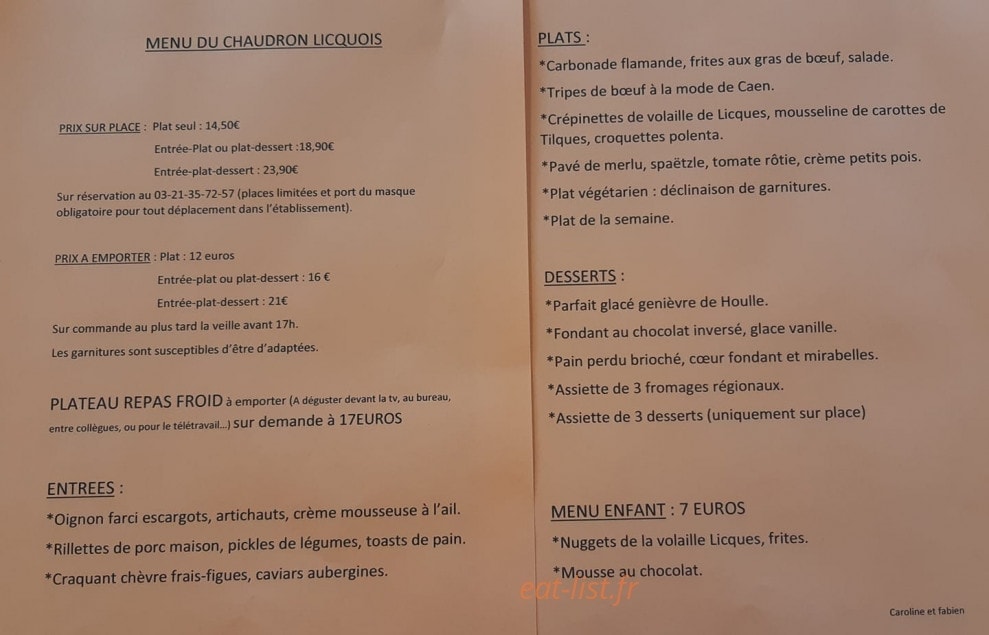 Carte et menu de Le Chaudron Licquois-Café de la Mairie à Licques — les menus et plats