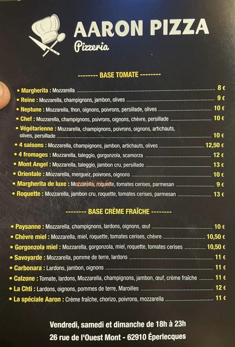 Aaron pizza — carte page 1