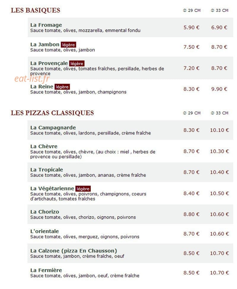 Le Kiosque à Pizzas — carte page 1