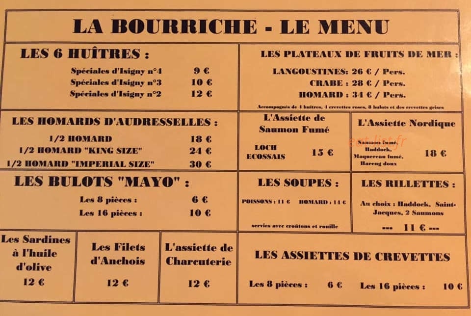 Carte et menu de La Bourriche à Wimereux — Les huitres, bulots et assiettes de crevettes,...