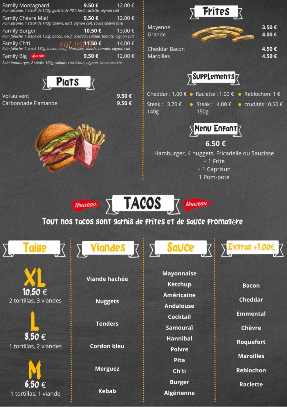 Carte et menu de La Frite en Famille à Vermelles — Les plats, frites, ...