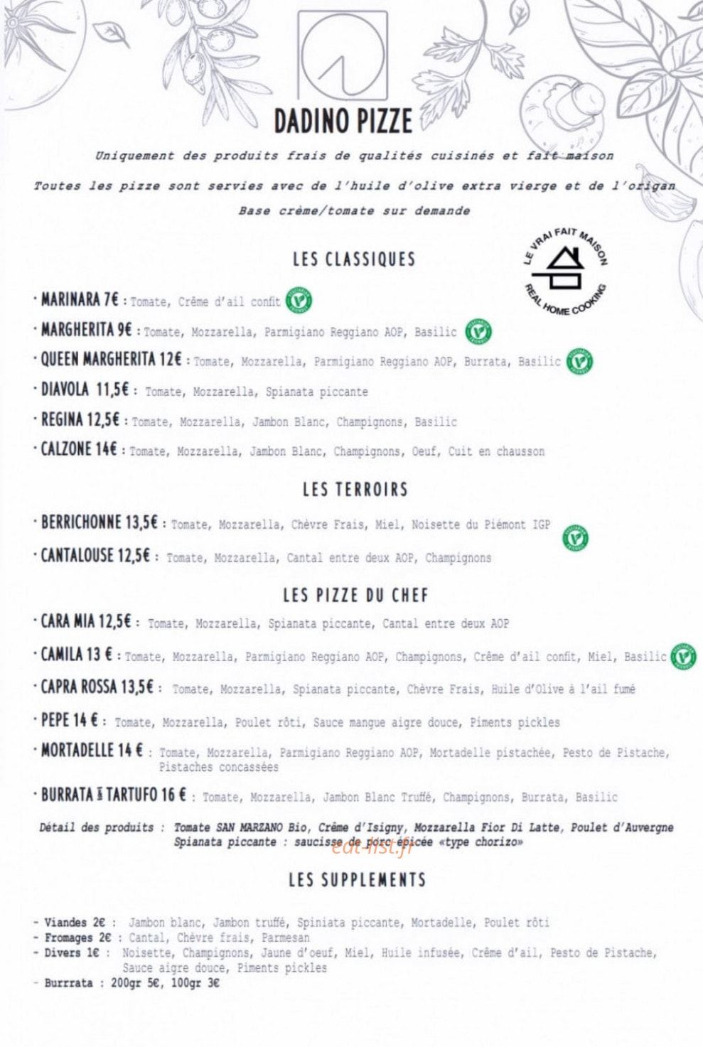 Dadino Pizze — carte page 1