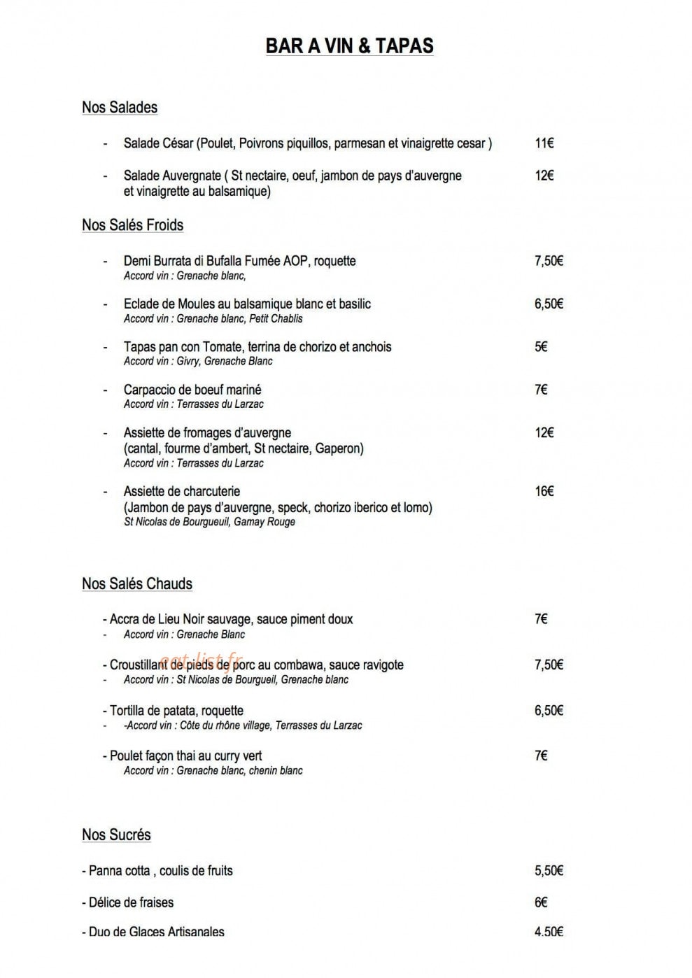 Le Bistrot d'à Côté — carte page 1