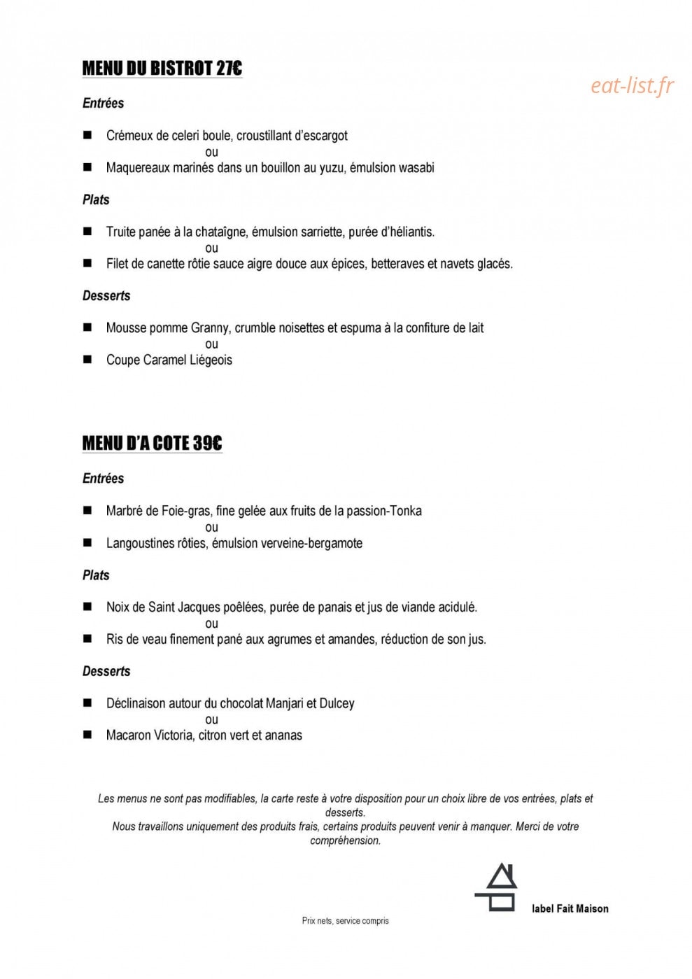 Le Bistrot d'à Côté — carte page 2