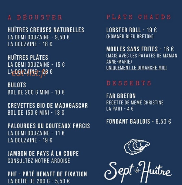 Carte et menu de Sept à Huître à Clermont Ferrand — La carte
