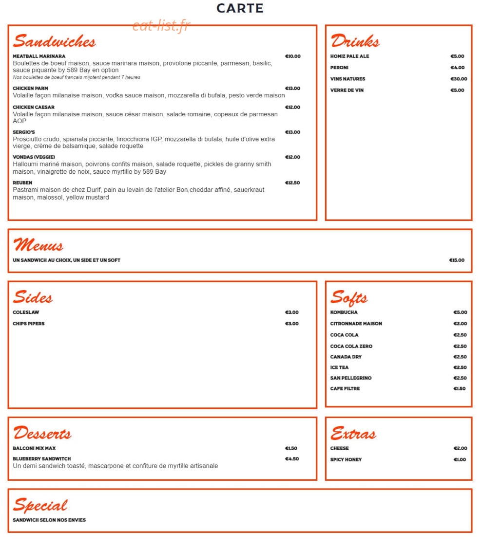 Sergio's Deli — carte page 1