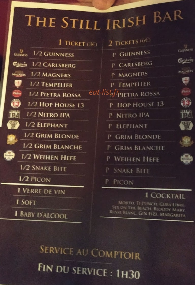 The Still Irish Bar — carte page 1