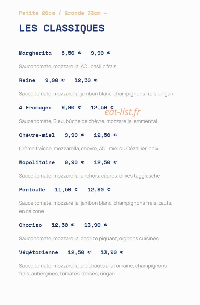 Trois Quatorze Pizza — carte page 1
