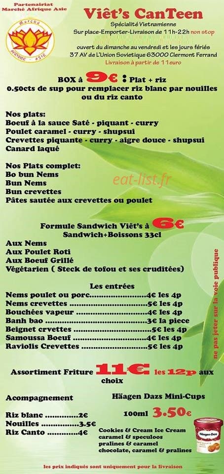 Viet's Canteen — carte page 1