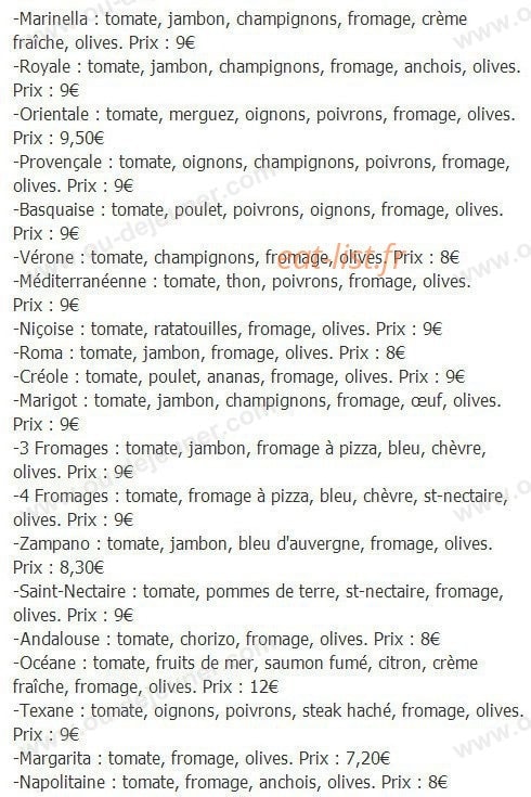 Marinella Pizza — carte page 1