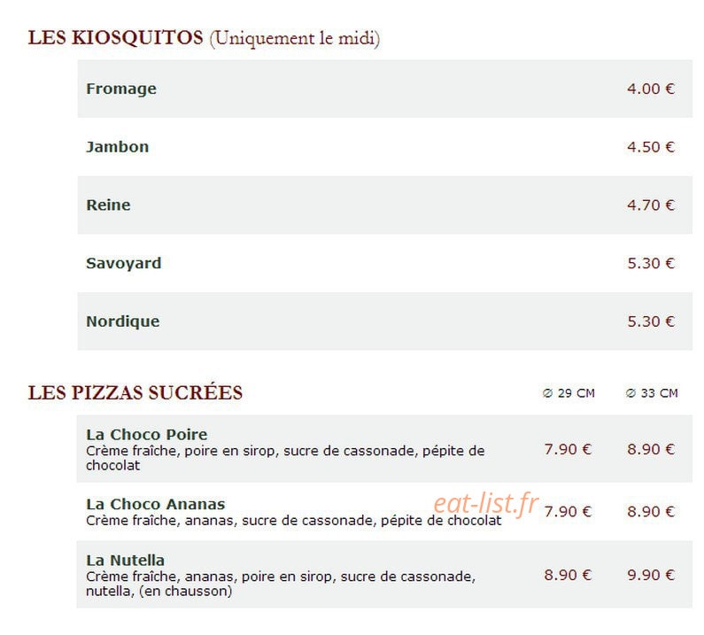 Le Kiosque à Pizzas — carte page 2