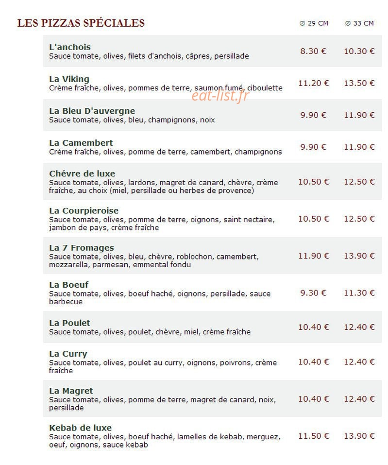 Le Kiosque à Pizzas — carte page 1