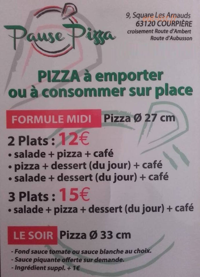 Pause Pizza — carte page 1