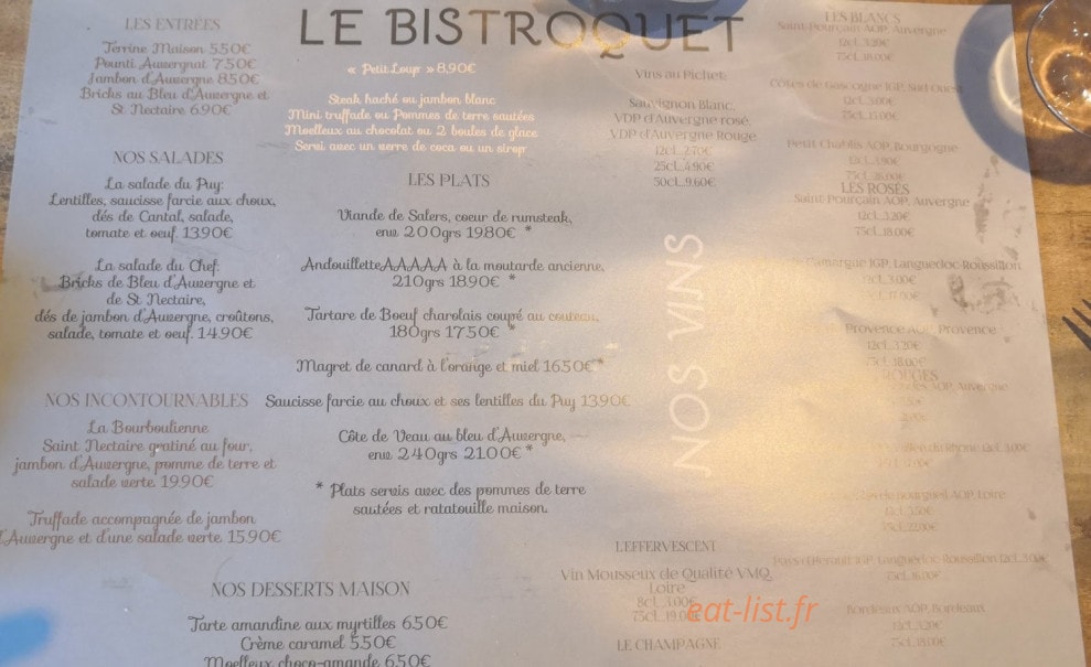 Le Bistroquet — carte page 1