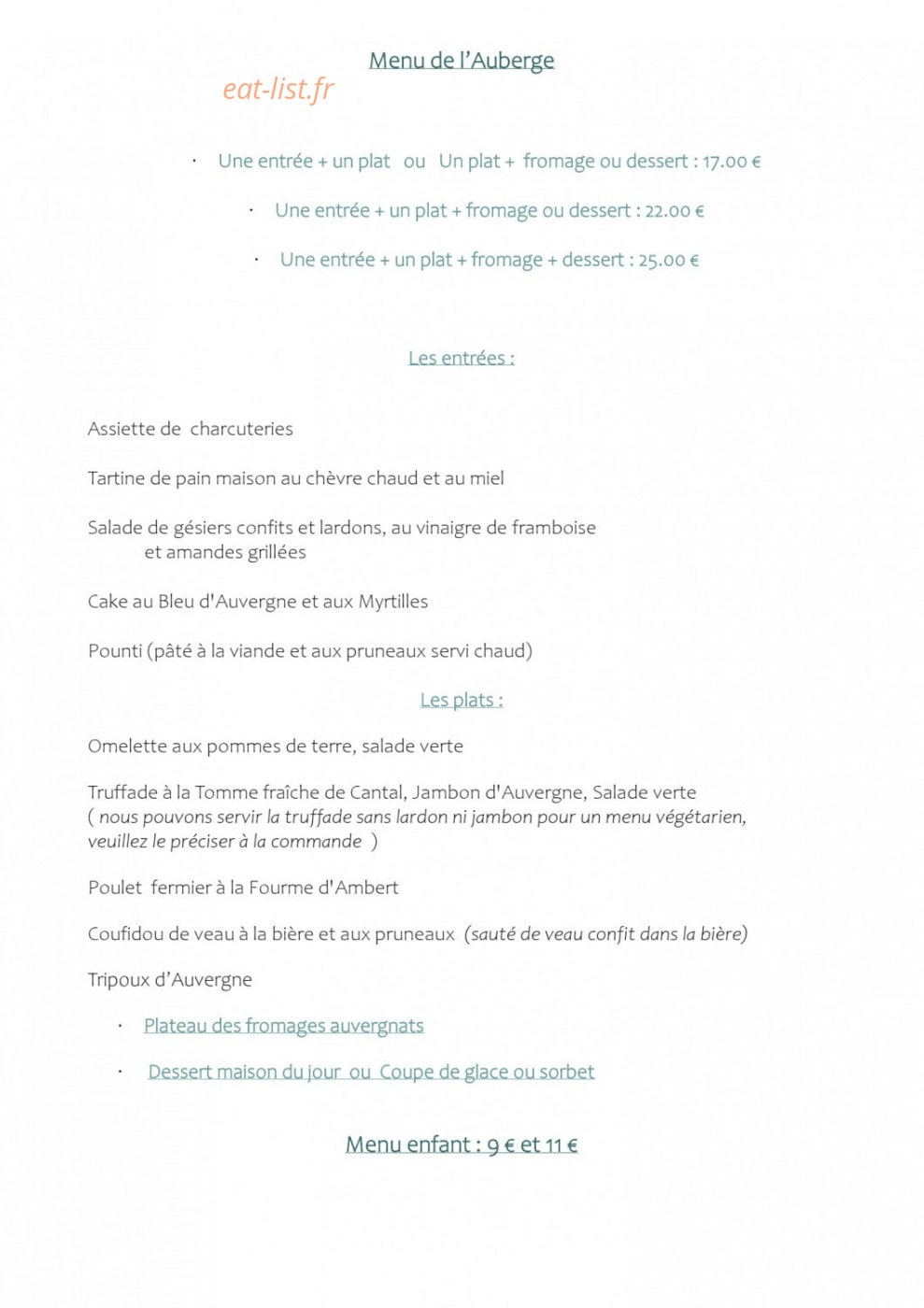 Auberge de la hulotte — carte page 1