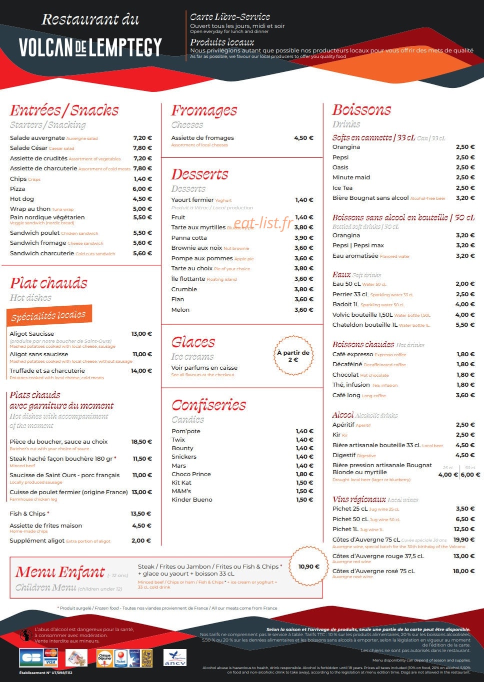 Restaurant du Volcan de Lemptégy — carte page 1