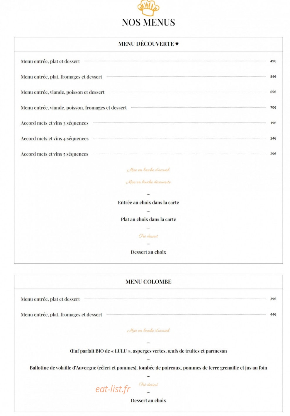 Le Comptoir de la Colombe — carte page 1