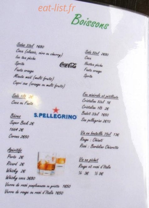 Carte et menu de Pizzeria des Oliviers à Puy Guillaume — Les boissons