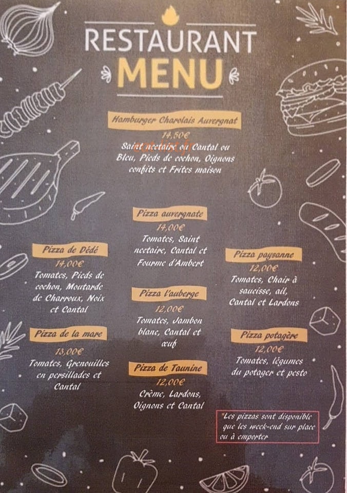 Carte et menu de L'auberge du Montel de Gelat à Montel de Gelat — Les pizzas