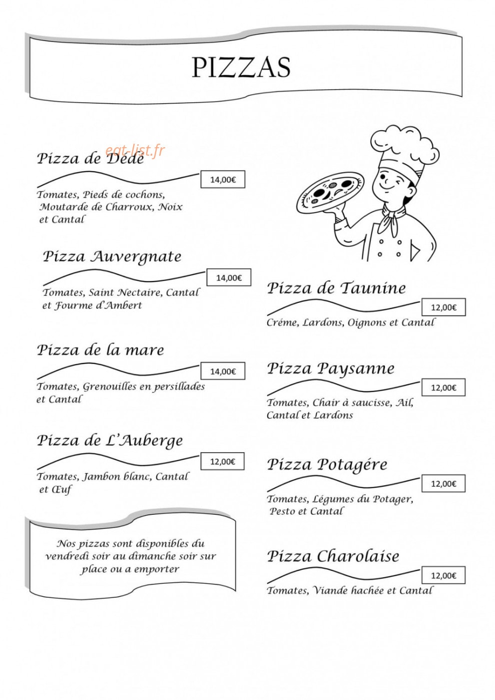 Carte et menu de L'auberge du Montel de Gelat à Montel de Gelat — Les pizzas