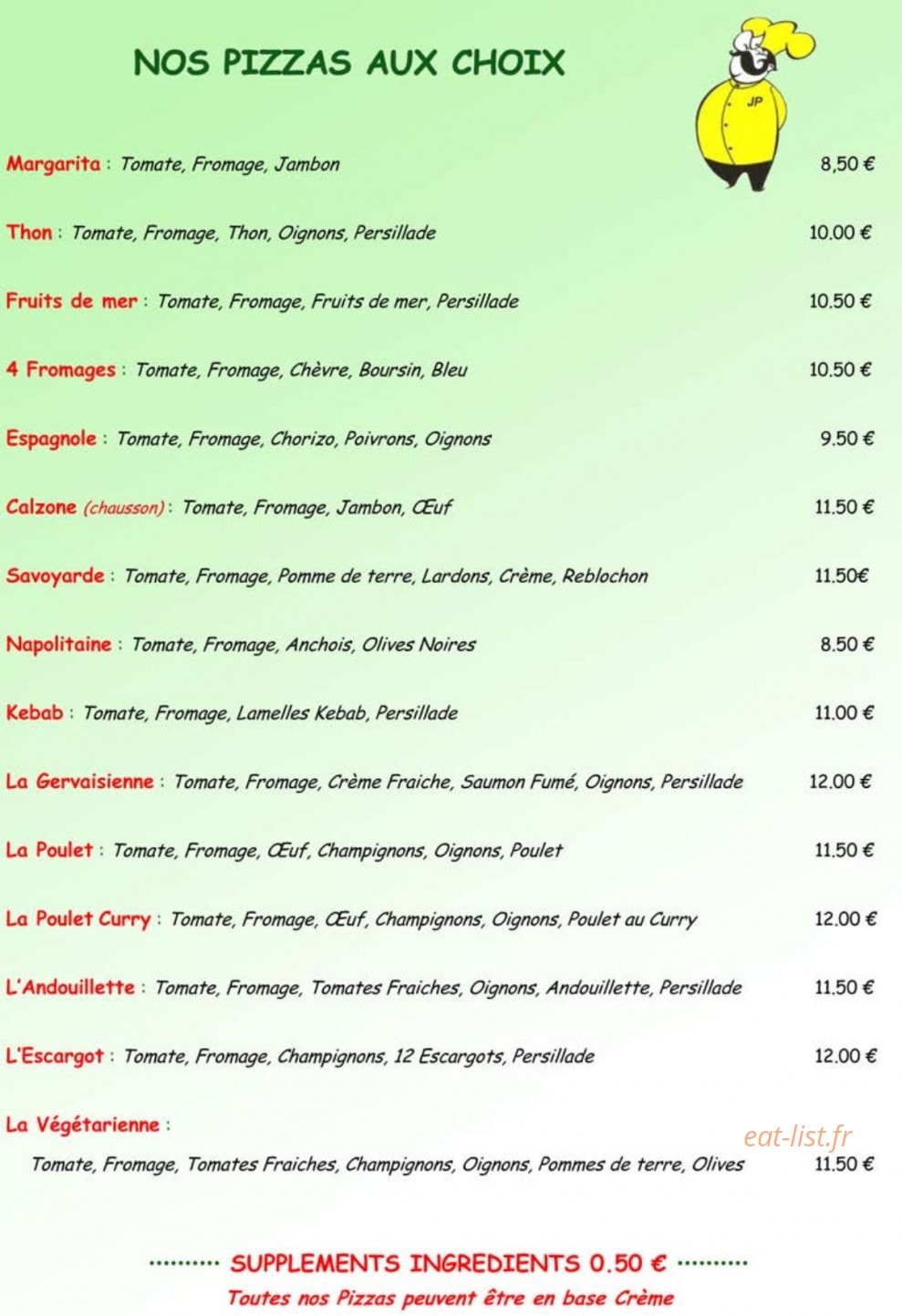 Jp pizza — carte page 1