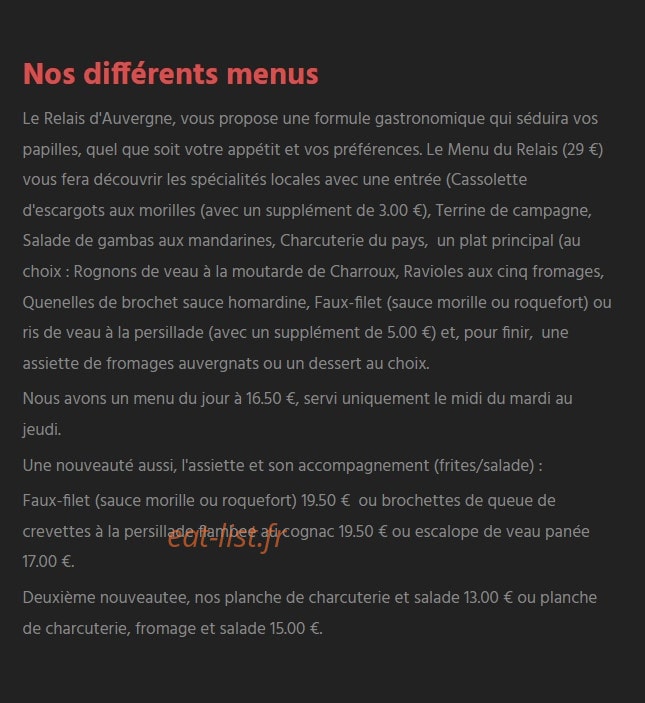 Le Relais d'Auvergne — carte page 1