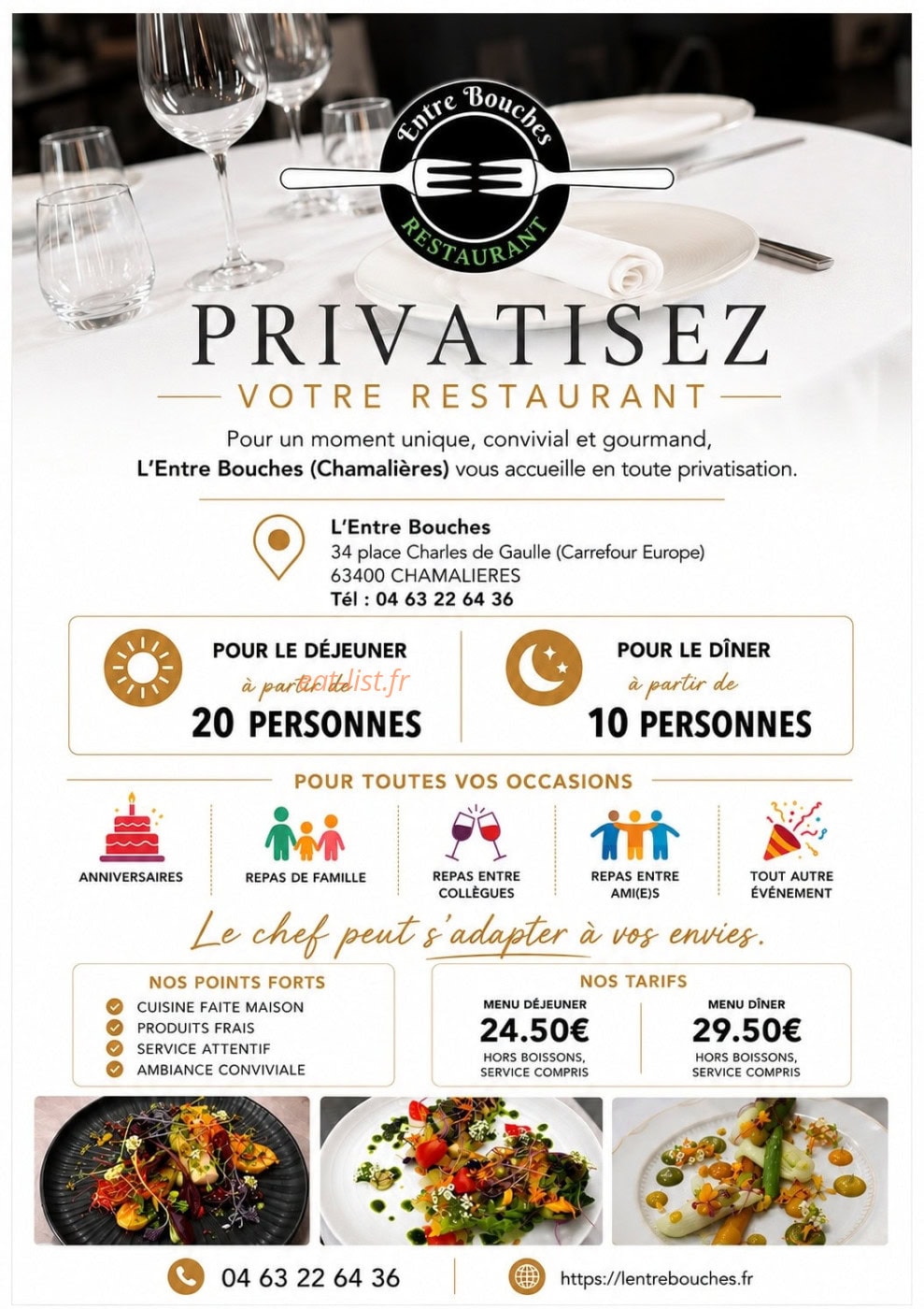 Carte et menu de L'Entre Bouches à Chamalieres — PRIVATISATION du RESTAURANT