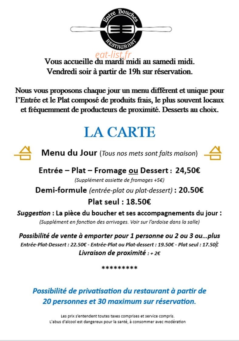Carte et menu de L'Entre Bouches à Chamalieres — La carte déjeuner. Chaque jour des plats nouveaux