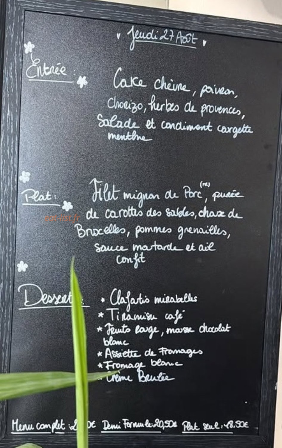 Carte et menu de L'Entre Bouches à Chamalieres — Menu du jeudi 27 Août. Bon appétit.