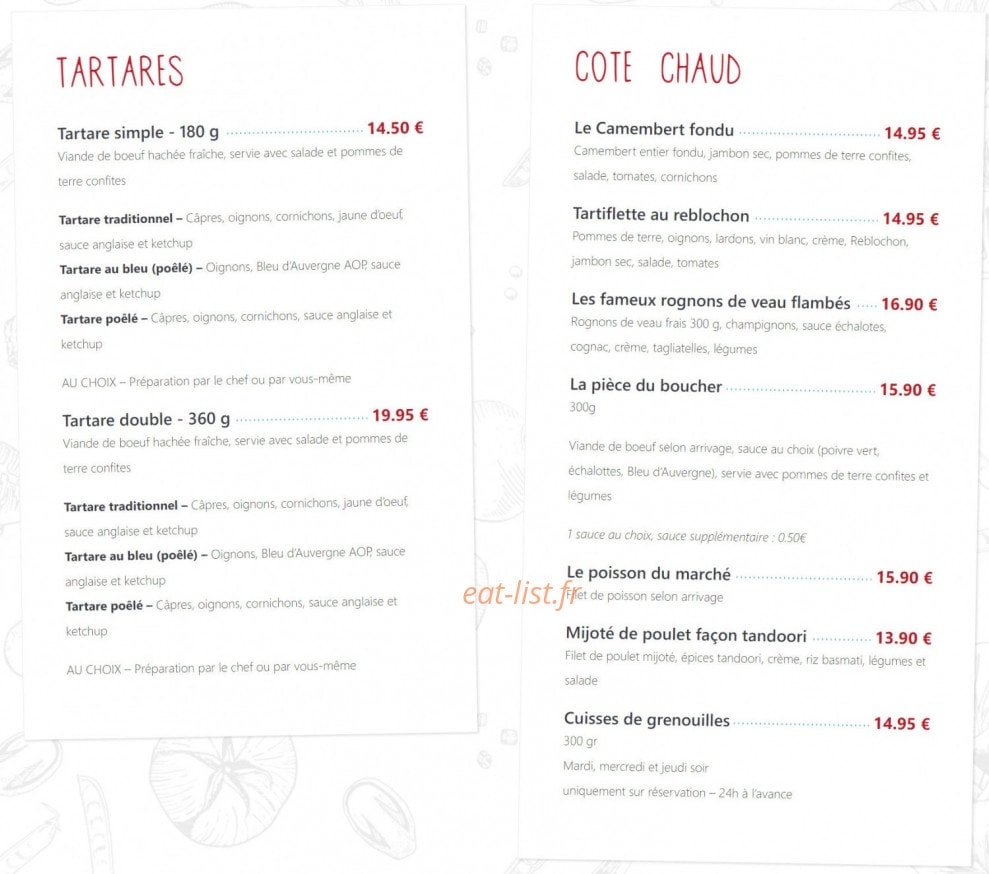 Carte et menu de La Grange Brasserie Pizzeria à Pont du Chateau — Tartares et coté chaud