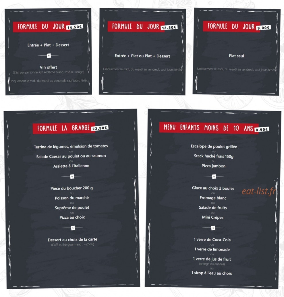 Carte et menu de La Grange Brasserie Pizzeria à Pont du Chateau — Formules