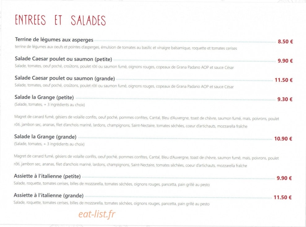 Carte et menu de La Grange Brasserie Pizzeria à Pont du Chateau — Entrées et salades
