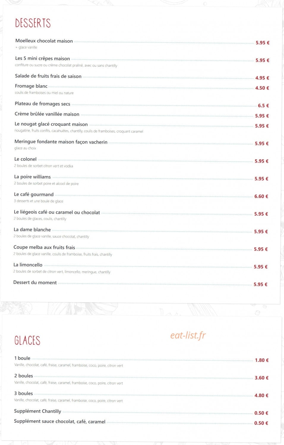Carte et menu de La Grange Brasserie Pizzeria à Pont du Chateau — Desserts et glaces