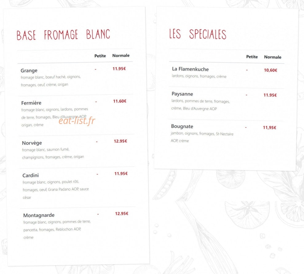 Carte et menu de La Grange Brasserie Pizzeria à Pont du Chateau — Pizzas base fromage blanc et spéciales